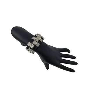 Steampunk Wide Black‎ Leather Bracelet Checker Studded Rhinestone Streetwear
